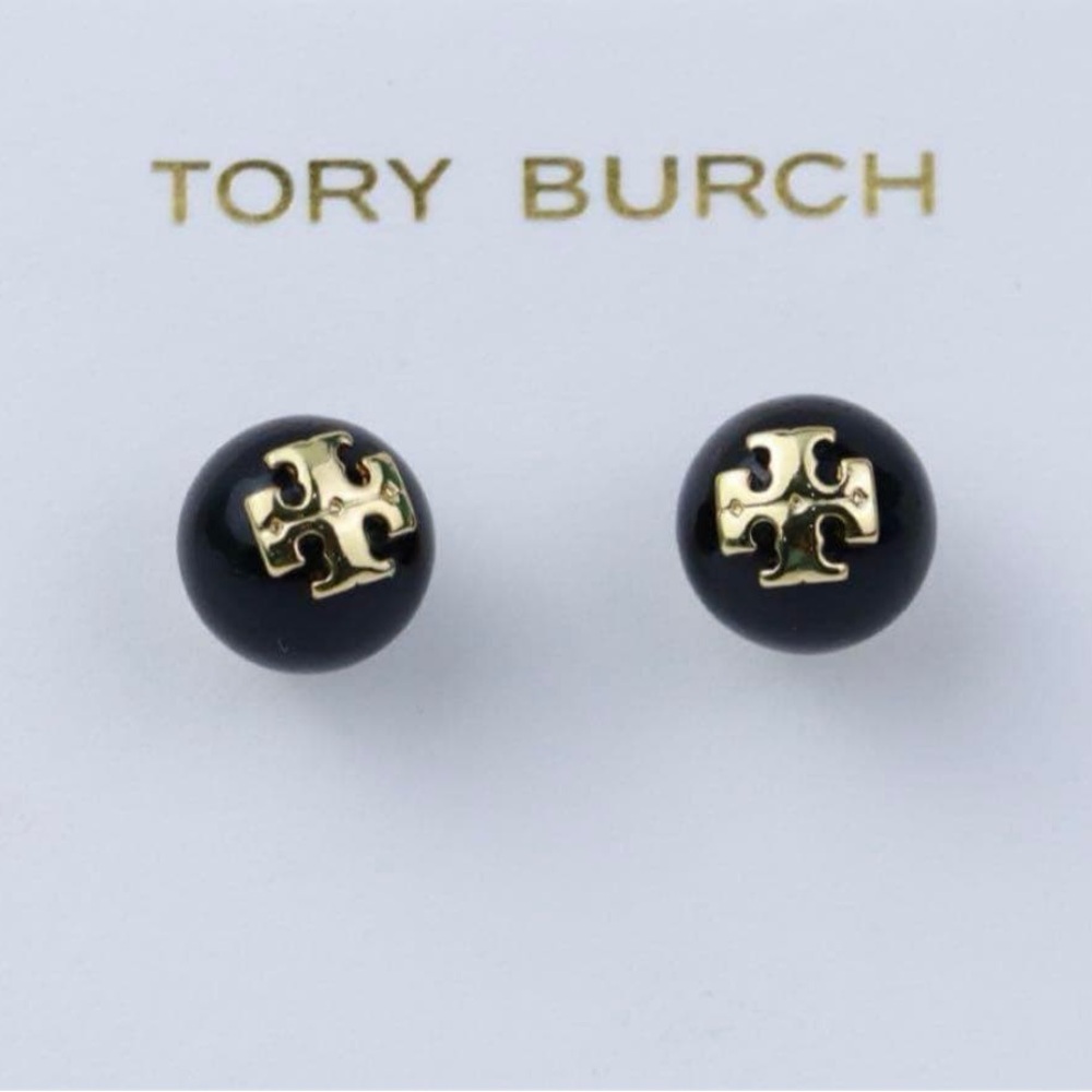 Tory Burch Evie gold logo black pearl earrings - Picture 6 of 7